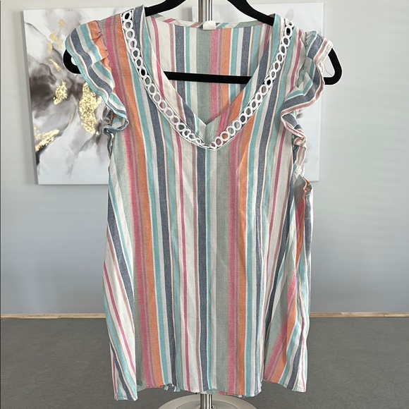 Tops - Colorful Striped V-Neck Top with Eyelet Trim